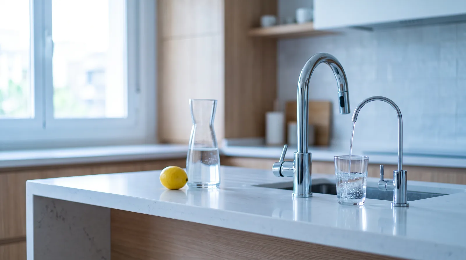 Grifo de ósmosis llenando un vaso de agua en la cocina