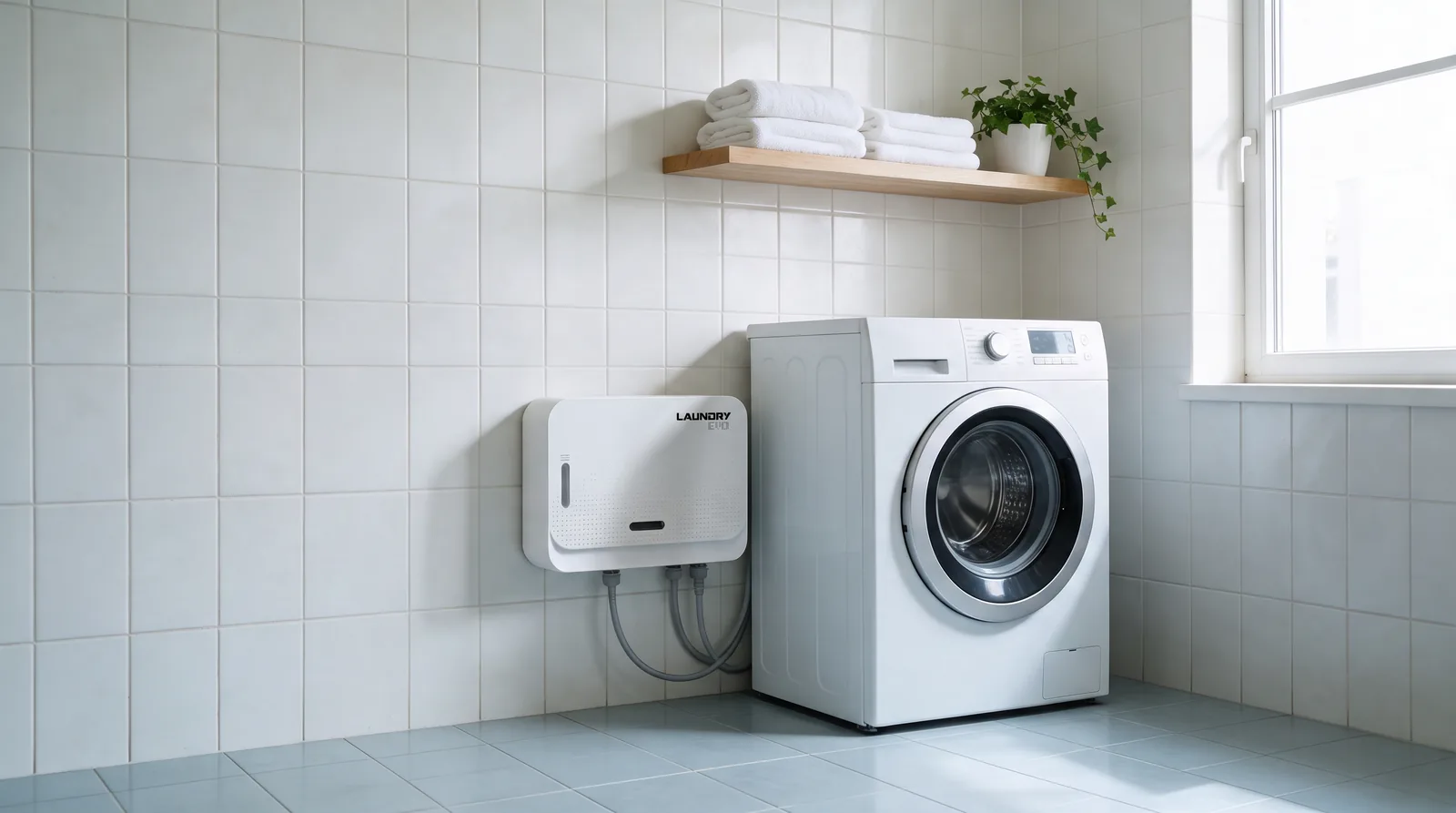 Equip d'ozó Laundry EVO penjat a la paret, al costat de la rentadora
