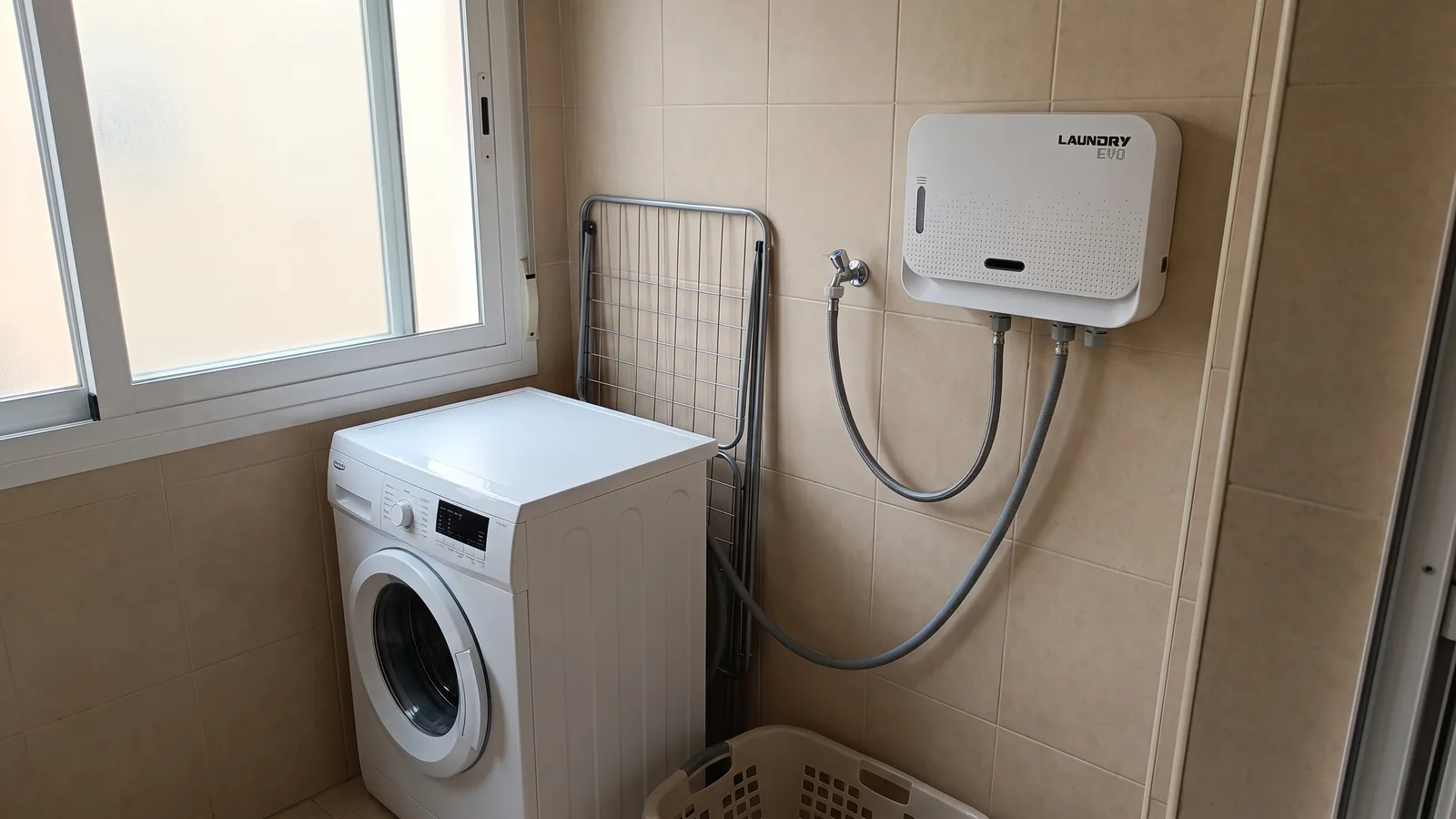 Il·lustració: Laundry EVO penjat a la paret d'una galeria, connectat a l'aixeta d'aigua freda i a la rentadora