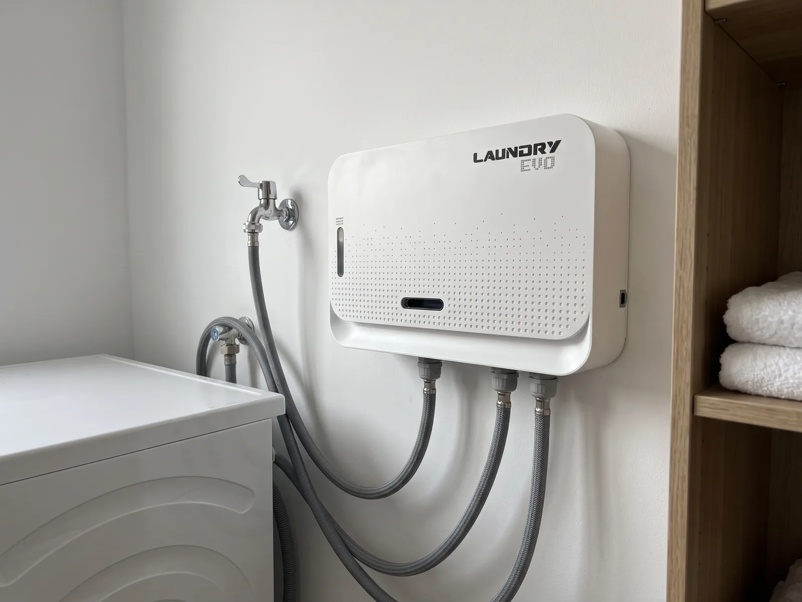 Il·lustració: detall del Laundry EVO a la paret, amb les tres mànegues connectades a la presa d'aigua freda i a la rentadora