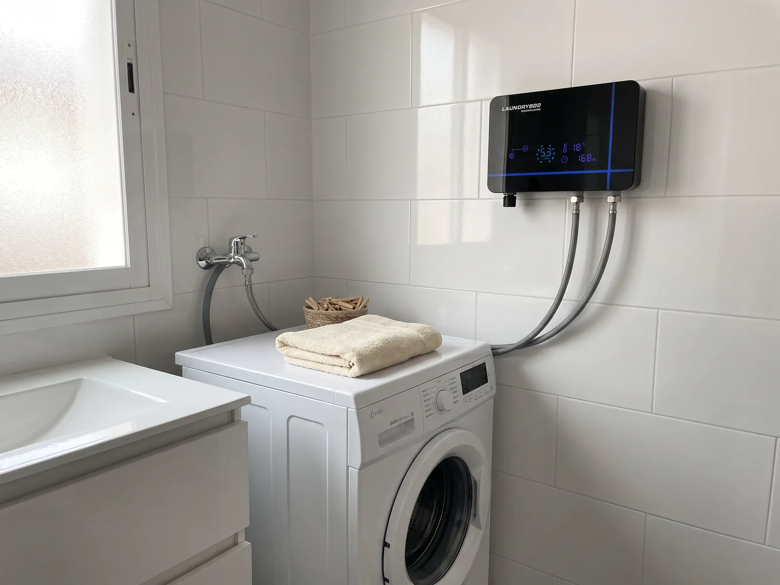 Il·lustració: Laundry 800 a la paret d'un bany, sobre la rentadora, connectat a la presa d'aigua freda